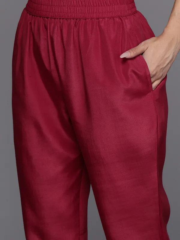 Maroon_Silk_Blend_Embroidered_Straight_Kurta_,_Palazzo_&_Dupatta_Set_Set_For_Women