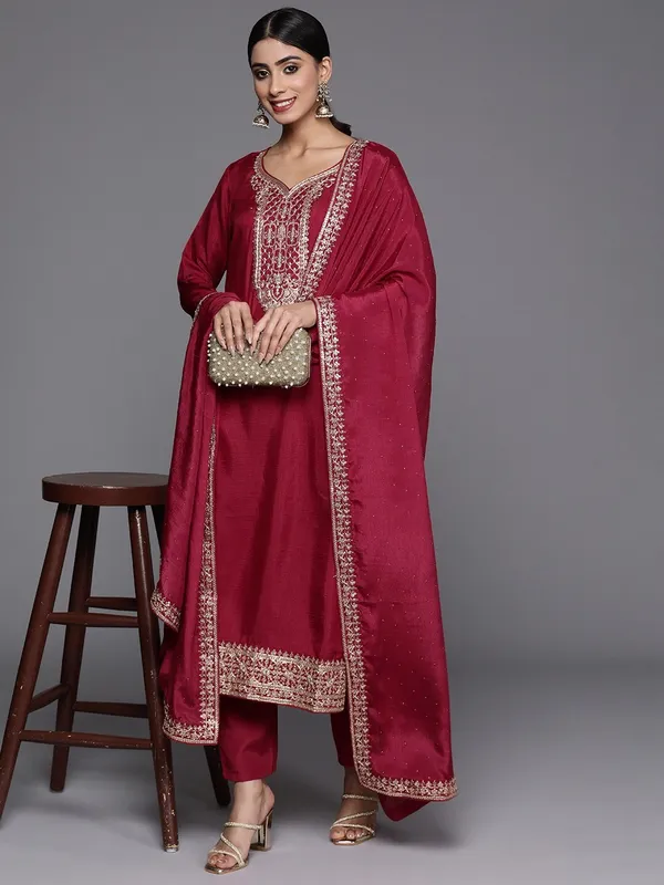Maroon_Silk_Blend_Embroidered_Straight_Kurta_,_Palazzo_&_Dupatta_Set_Set_For_Women