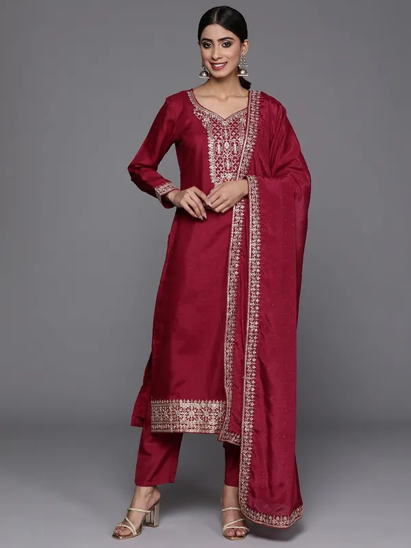 Maroon_Silk_Blend_Embroidered_Straight_Kurta_,_Palazzo_&_Dupatta_Set_Set_For_Women