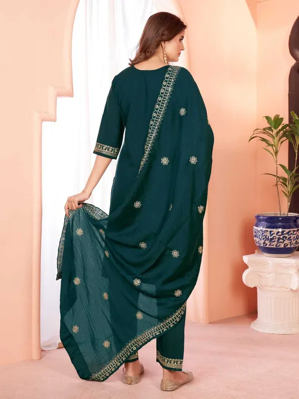 Dark_Green_Chanderi_Cotton_Embroidered_Straight_Kurta_,_Palazzo_&_Dupatta_Set_Set_For_Women