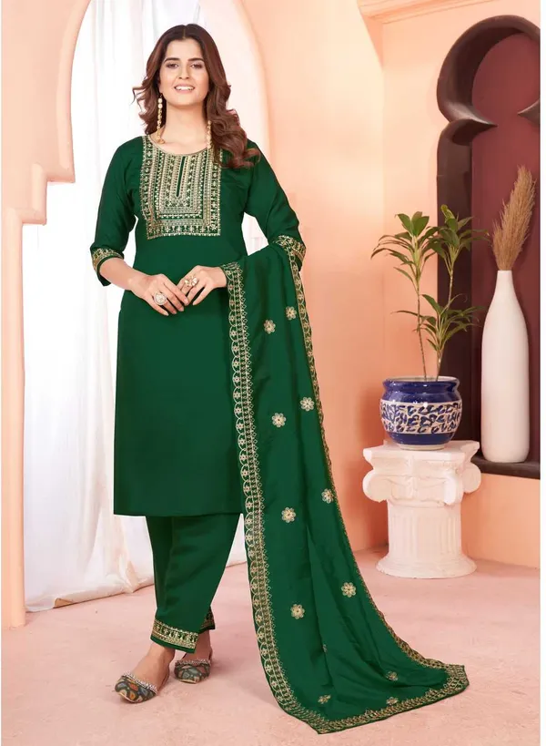Green_Chanderi_Cotton_Embroidered_Straight_Kurta_,_Palazzo_&_Dupatta_Set_Set_For_Women