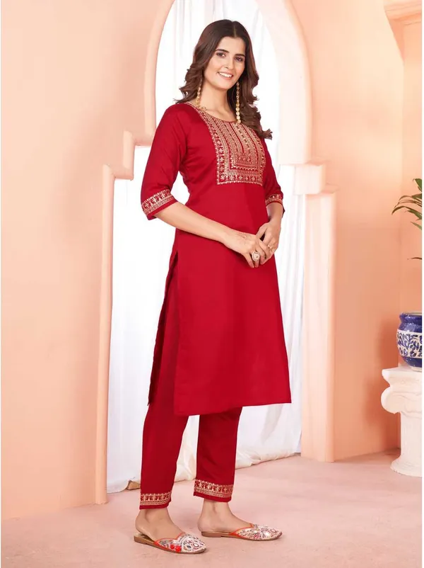 Maroon_Chanderi_Cotton_Embroidered_Straight_Kurta_,_Palazzo_&_Dupatta_Set_Set_For_Women