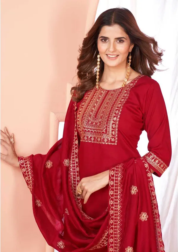 Maroon_Chanderi_Cotton_Embroidered_Straight_Kurta_,_Palazzo_&_Dupatta_Set_Set_For_Women