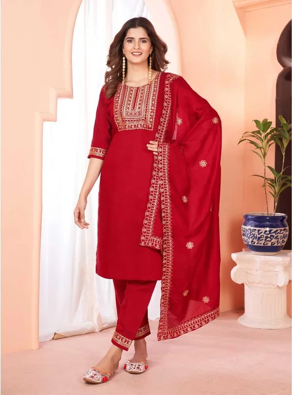 Maroon_Chanderi_Cotton_Embroidered_Straight_Kurta_,_Palazzo_&_Dupatta_Set_Set_For_Women