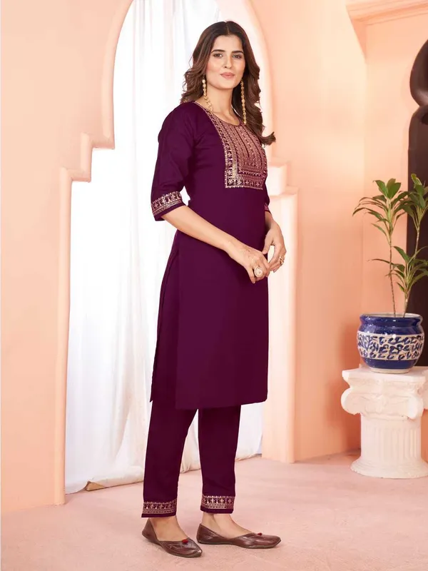 Maroon_Chanderi_Cotton_Embroidered_Straight_Kurta_,_Palazzo_&_Dupatta_Set_Set_For_Women