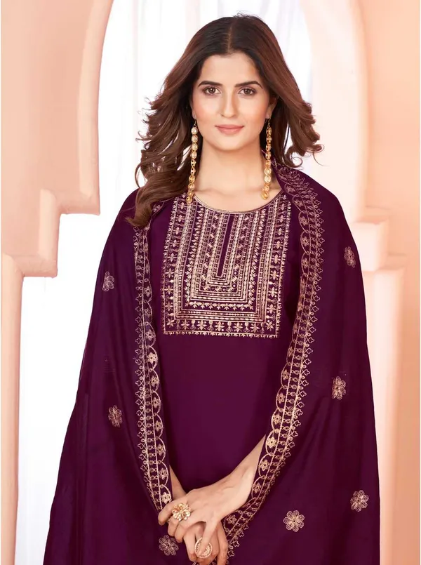 Maroon_Chanderi_Cotton_Embroidered_Straight_Kurta_,_Palazzo_&_Dupatta_Set_Set_For_Women