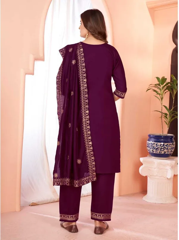 Maroon_Chanderi_Cotton_Embroidered_Straight_Kurta_,_Palazzo_&_Dupatta_Set_Set_For_Women