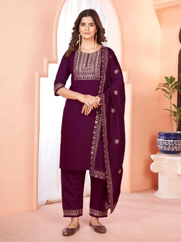Maroon_Chanderi_Cotton_Embroidered_Straight_Kurta_,_Palazzo_&_Dupatta_Set_Set_For_Women