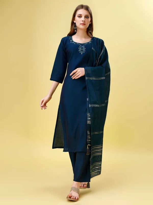 Blue_Chanderi_Cotton_Self_Design_Straight_Kurta_,_Palazzo_&_Dupatta_Set_Set_For_Women