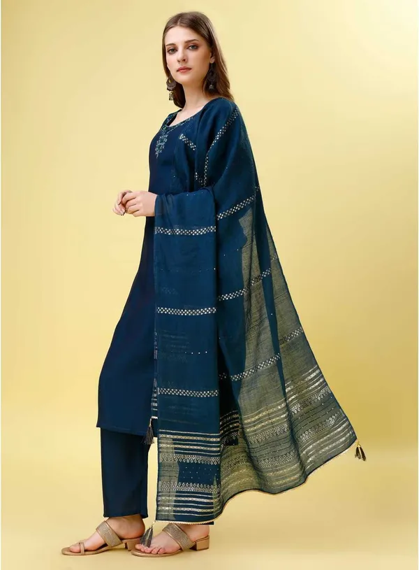 Blue_Chanderi_Cotton_Self_Design_Straight_Kurta_,_Palazzo_&_Dupatta_Set_Set_For_Women