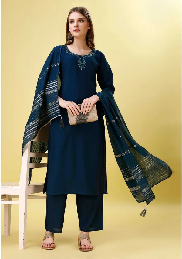 Blue_Chanderi_Cotton_Self_Design_Straight_Kurta_,_Palazzo_&_Dupatta_Set_Set_For_Women