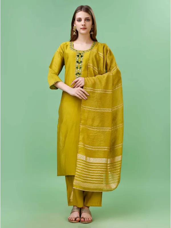 Gold_Chanderi_Cotton_Self_Design_Straight_Kurta_,_Palazzo_&_Dupatta_Set_Set_For_Women