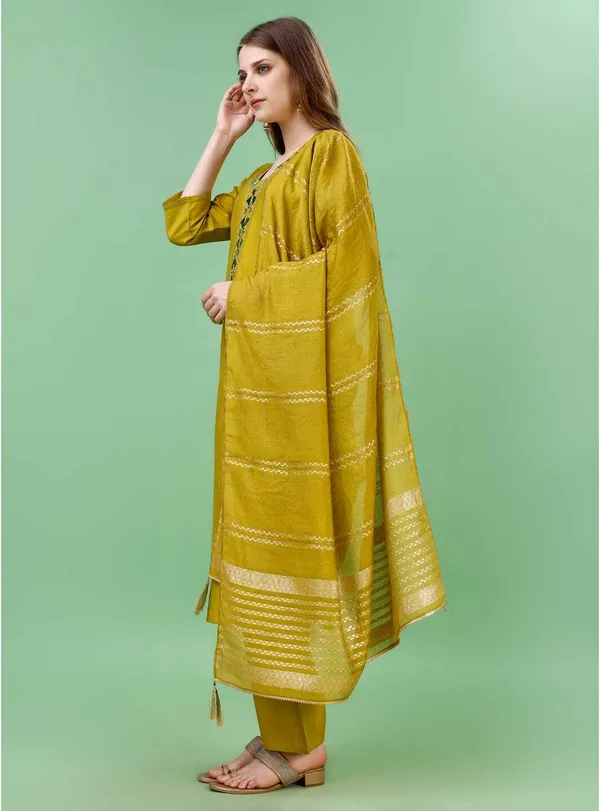 Gold_Chanderi_Cotton_Self_Design_Straight_Kurta_,_Palazzo_&_Dupatta_Set_Set_For_Women