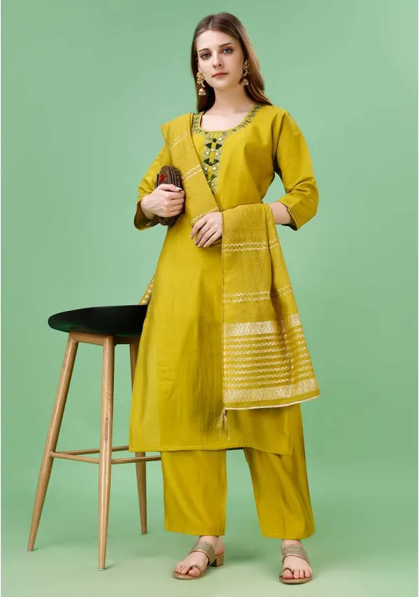 Gold_Chanderi_Cotton_Self_Design_Straight_Kurta_,_Palazzo_&_Dupatta_Set_Set_For_Women