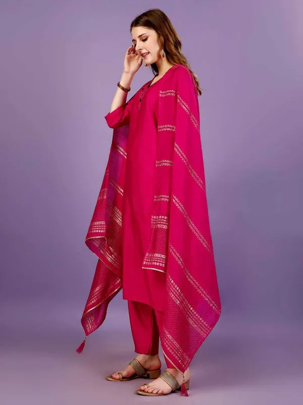 Pink_Chanderi_Cotton_Self_Design_Straight_Kurta_,_Palazzo_&_Dupatta_Set_Set_For_Women