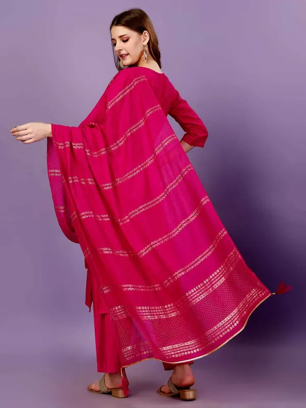 Pink_Chanderi_Cotton_Self_Design_Straight_Kurta_,_Palazzo_&_Dupatta_Set_Set_For_Women