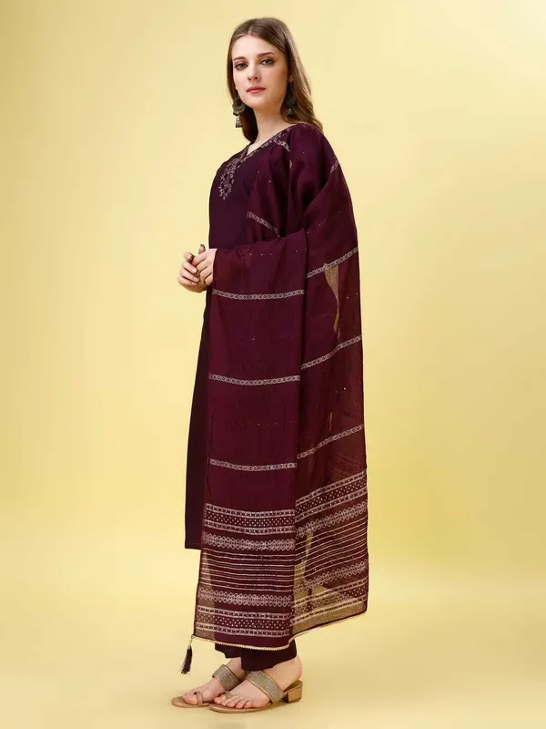 Maroon_Chanderi_Cotton_Self_Design_Straight_Kurta_,_Palazzo_&_Dupatta_Set_Set_For_Women