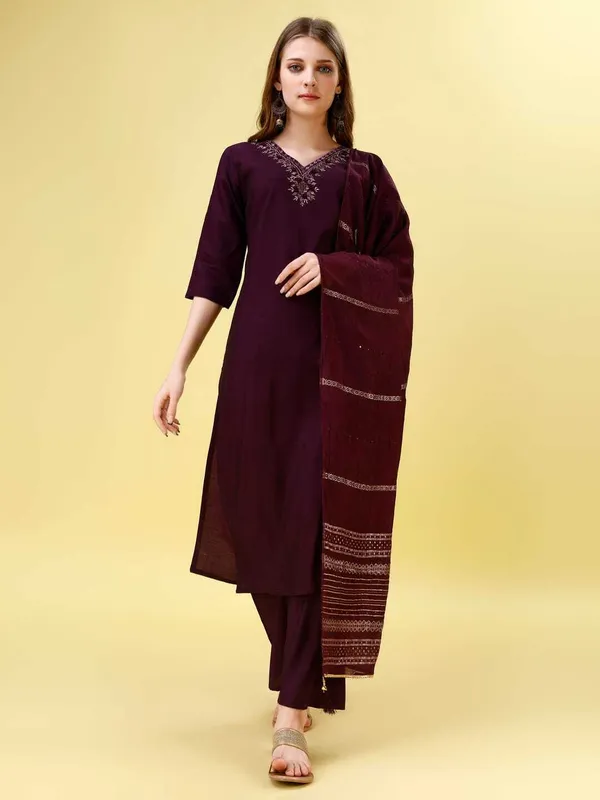 Maroon_Chanderi_Cotton_Self_Design_Straight_Kurta_,_Palazzo_&_Dupatta_Set_Set_For_Women