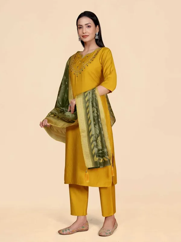 Gold_&_Green_Viscose_Rayon_Embroidered_Straight_Kurta_,_Palazzo_&_Dupatta_Set_Set_For_Women
