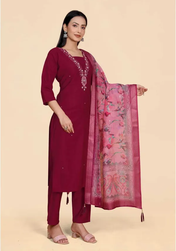 Maroon_Viscose_Rayon_Self_Design_Straight_Kurta_,_Palazzo_&_Dupatta_Set_Set_For_Women
