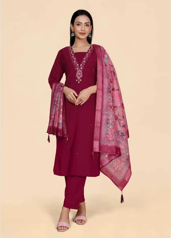 Maroon_Viscose_Rayon_Self_Design_Straight_Kurta_,_Palazzo_&_Dupatta_Set_Set_For_Women