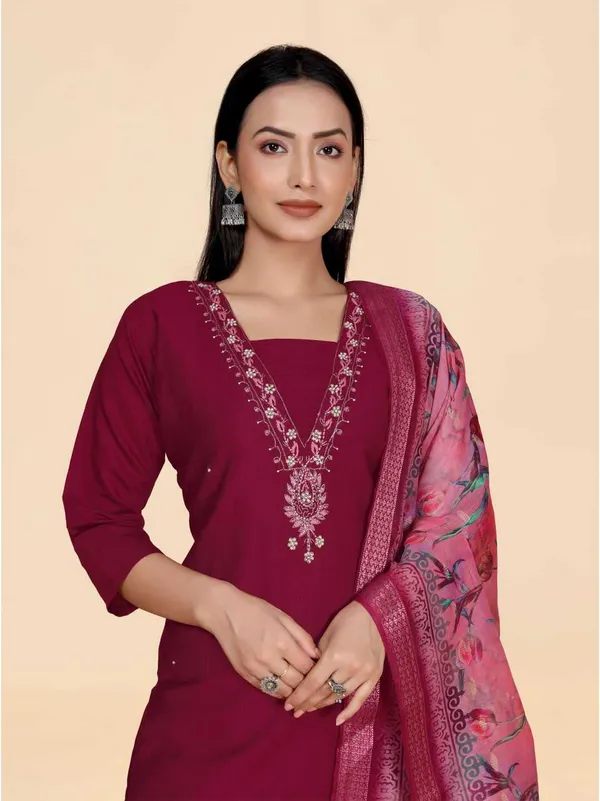 Maroon_Viscose_Rayon_Self_Design_Straight_Kurta_,_Palazzo_&_Dupatta_Set_Set_For_Women