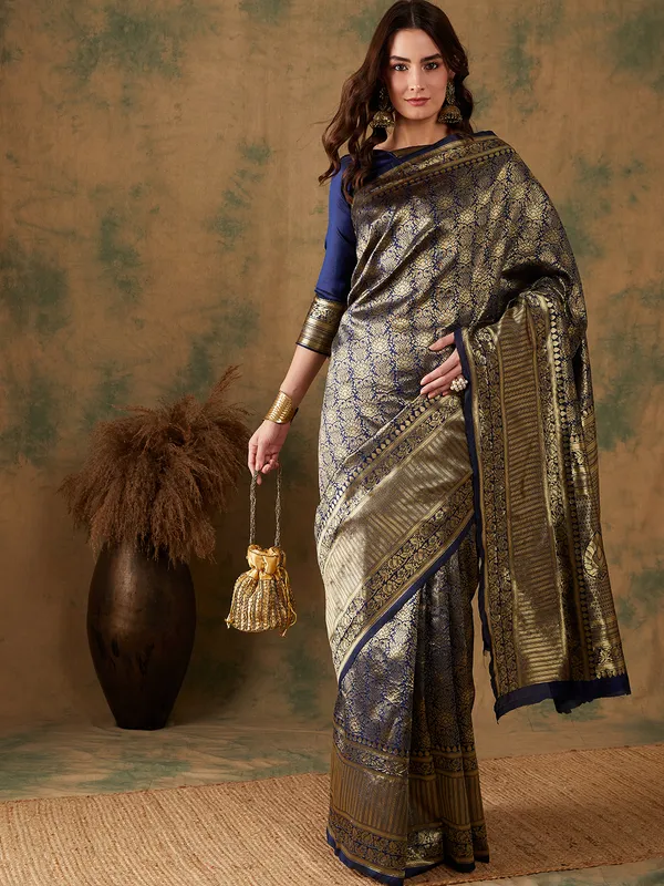 Dark_Blue_Art_Silk_Woven_Banarasi_Saree_With_Unstitched_Blouse_For_Women