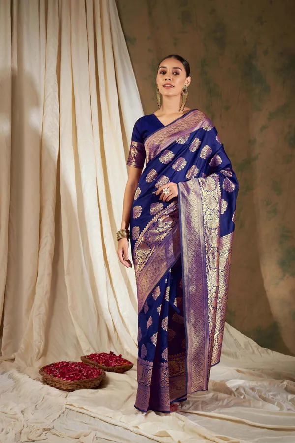 Dark_Blue_Art_Silk_Woven_Banarasi_Saree_With_Unstitched_Blouse_For_Women