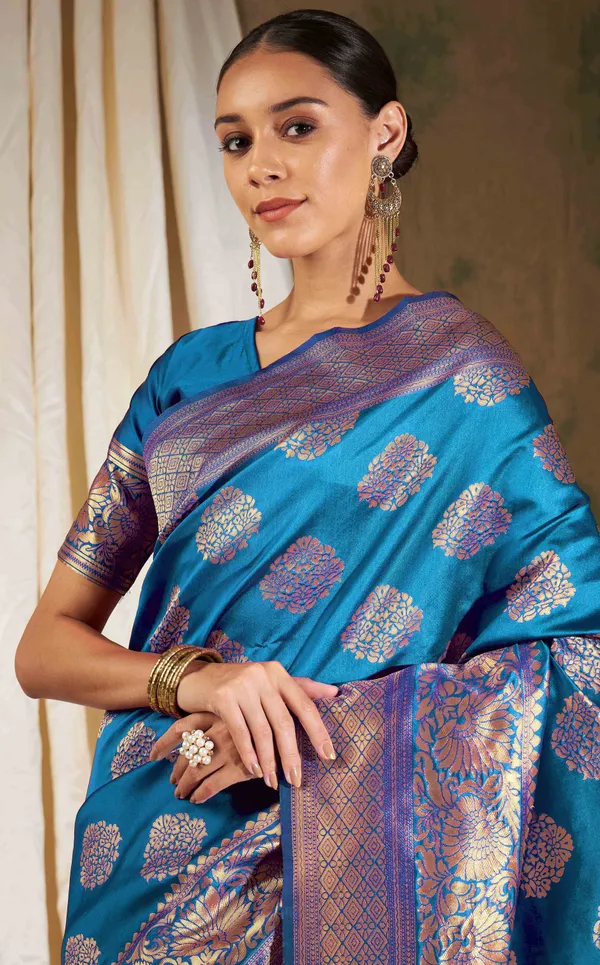 Blue_Art_Silk_Woven_Banarasi_Saree_With_Unstitched_Blouse_For_Women