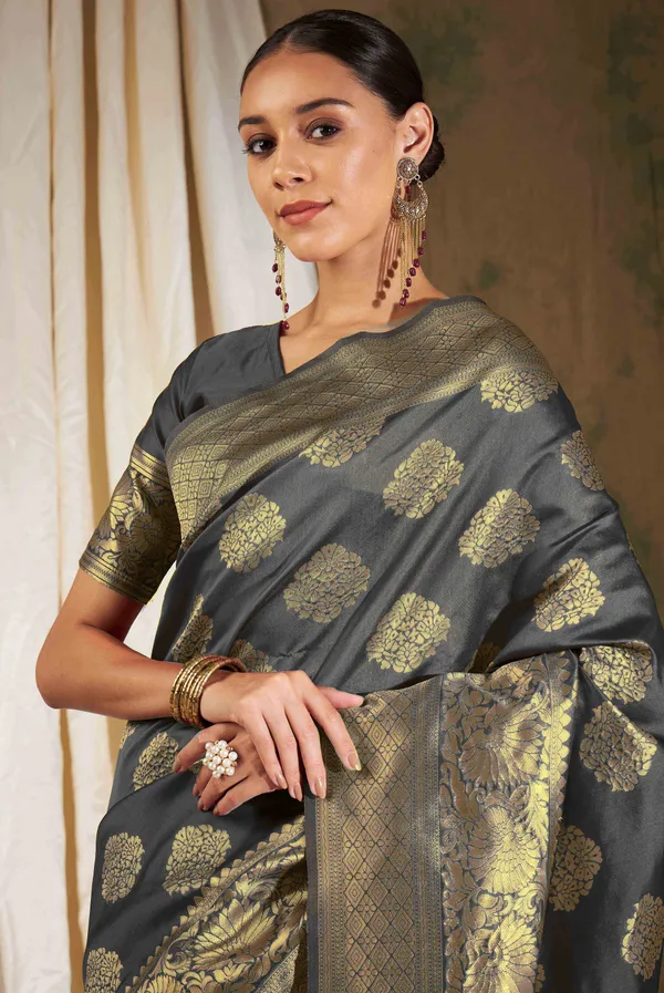Grey_Art_Silk_Woven_Banarasi_Saree_With_Unstitched_Blouse_For_Women