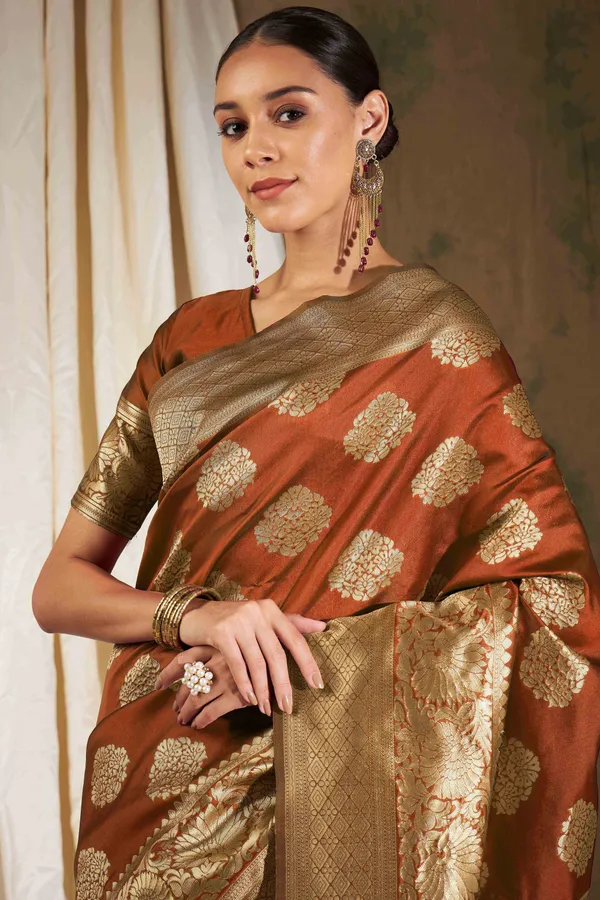 Orange_Art_Silk_Woven_Banarasi_Saree_With_Unstitched_Blouse_For_Women