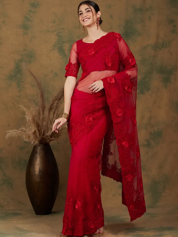 Red_Supernet_Embroidered_Banarasi_Saree_With_Unstitched_Blouse_For_Women