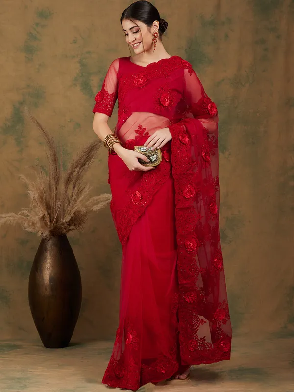 Red_Supernet_Embroidered_Banarasi_Saree_With_Unstitched_Blouse_For_Women