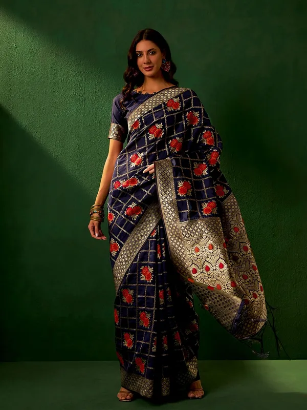 Dark_Blue_Art_Silk_Woven_Banarasi_Saree_With_Unstitched_Blouse_For_Women