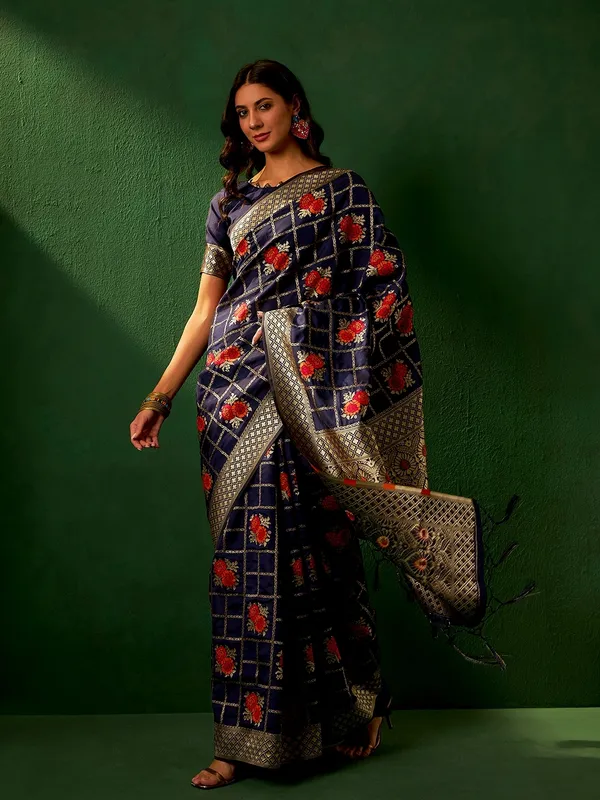 Dark_Blue_Art_Silk_Woven_Banarasi_Saree_With_Unstitched_Blouse_For_Women