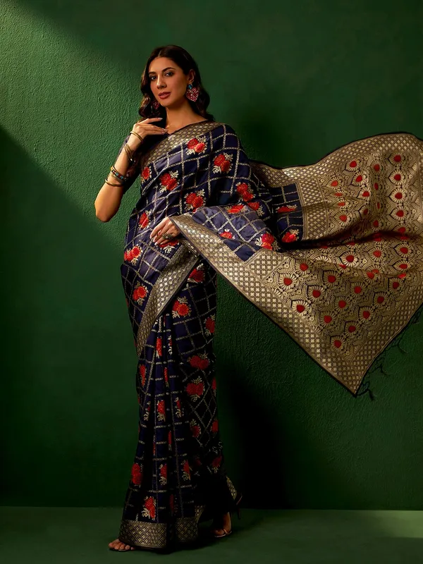 Dark_Blue_Art_Silk_Woven_Banarasi_Saree_With_Unstitched_Blouse_For_Women