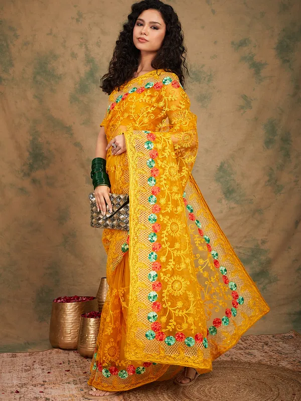 Yellow_Supernet_Embroidered_Banarasi_Saree_With_Unstitched_Blouse_For_Women