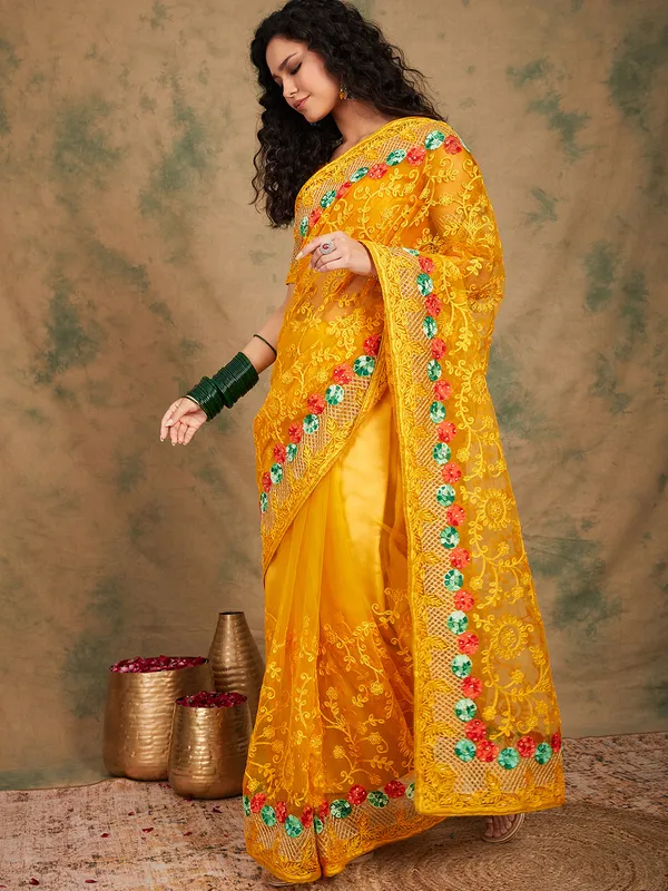 Yellow_Supernet_Embroidered_Banarasi_Saree_With_Unstitched_Blouse_For_Women