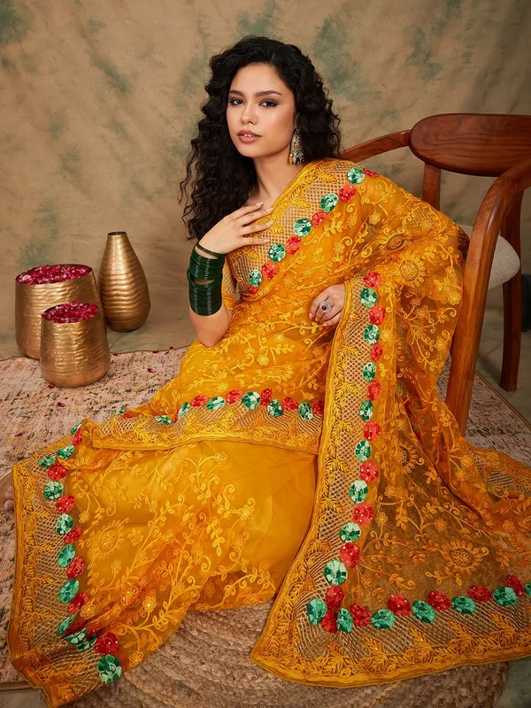 Yellow_Supernet_Embroidered_Banarasi_Saree_With_Unstitched_Blouse_For_Women