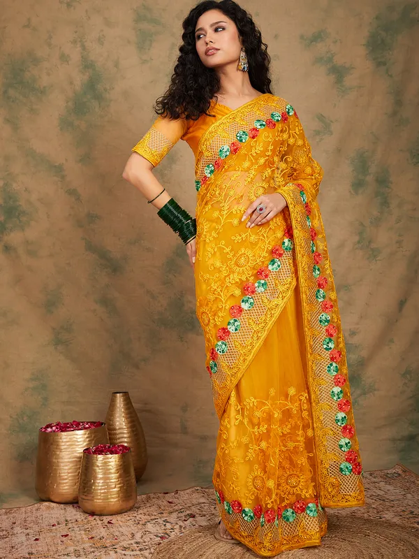 Yellow_Supernet_Embroidered_Banarasi_Saree_With_Unstitched_Blouse_For_Women