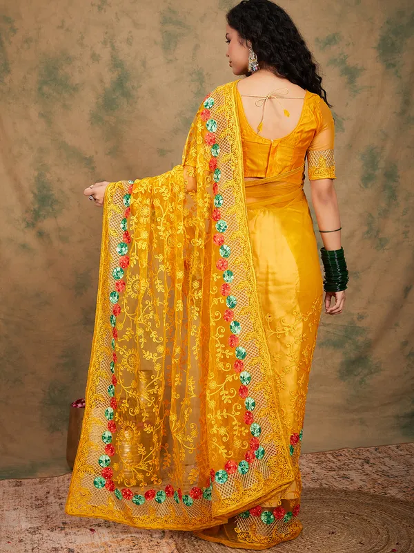 Yellow_Supernet_Embroidered_Banarasi_Saree_With_Unstitched_Blouse_For_Women