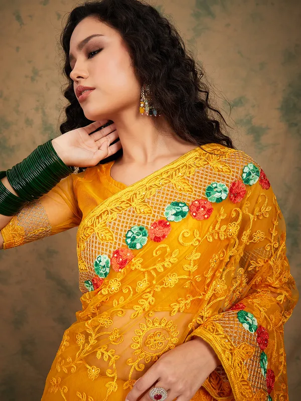 Yellow_Supernet_Embroidered_Banarasi_Saree_With_Unstitched_Blouse_For_Women