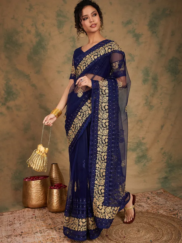 Dark_Blue_Supernet_Embroidered_Banarasi_Saree_With_Unstitched_Blouse_For_Women