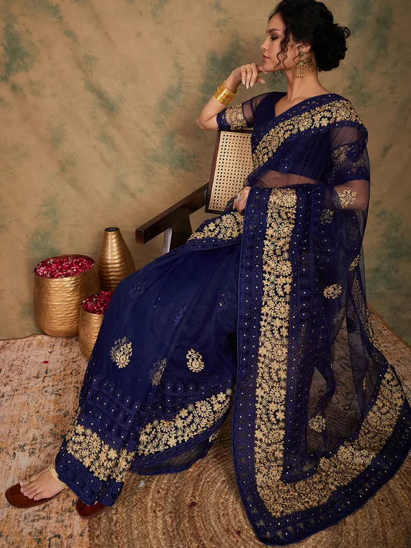 Dark_Blue_Supernet_Embroidered_Banarasi_Saree_With_Unstitched_Blouse_For_Women