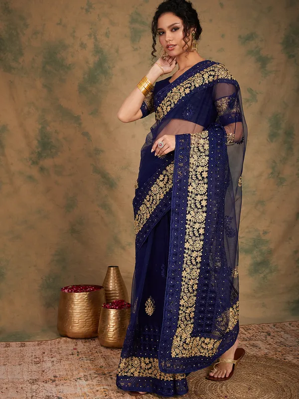 Dark_Blue_Supernet_Embroidered_Banarasi_Saree_With_Unstitched_Blouse_For_Women