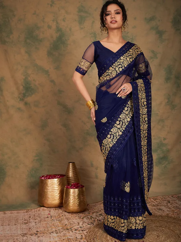 Dark_Blue_Supernet_Embroidered_Banarasi_Saree_With_Unstitched_Blouse_For_Women