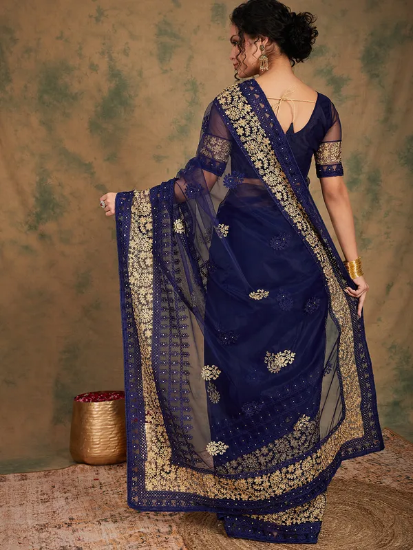 Dark_Blue_Supernet_Embroidered_Banarasi_Saree_With_Unstitched_Blouse_For_Women