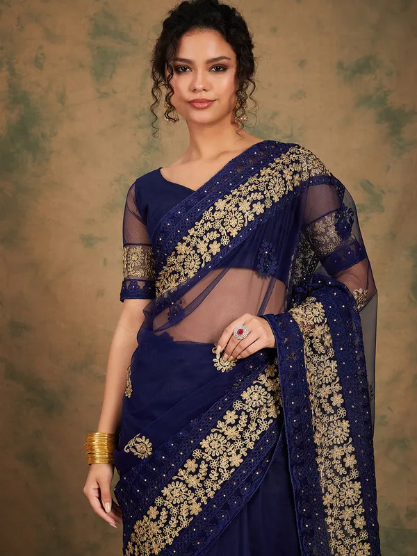 Dark_Blue_Supernet_Embroidered_Banarasi_Saree_With_Unstitched_Blouse_For_Women