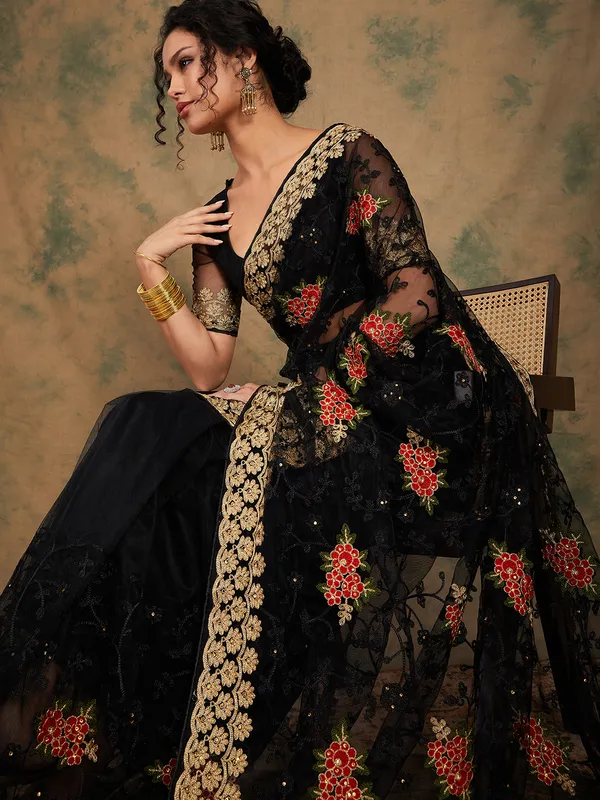 Black_Supernet_Embroidered_Banarasi_Saree_With_Unstitched_Blouse_For_Women
