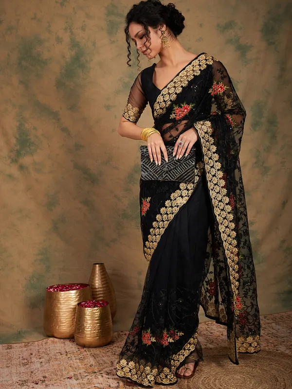 Black_Supernet_Embroidered_Banarasi_Saree_With_Unstitched_Blouse_For_Women